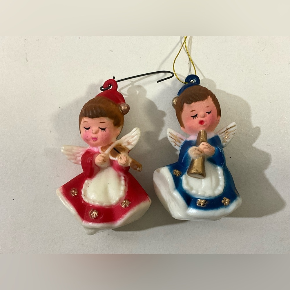 Vintage Lot of 2 MCM Plastic Christmas Angels Red and Blue